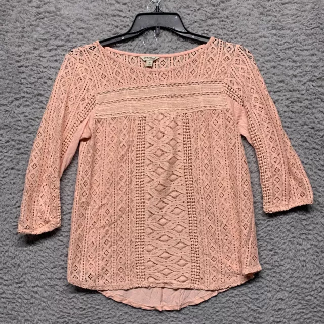 Lucky Brand Womens Shirt Knit Top Medium Pink 3/4 Sleeve Pullover Round Neck