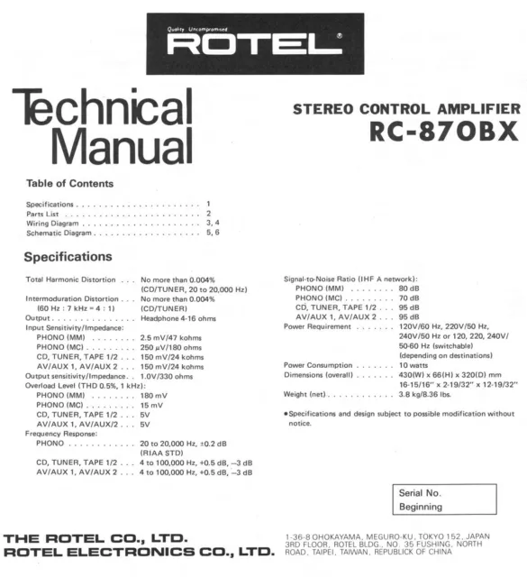 Service Manual-Anleitung für Rotel RC-870 BX