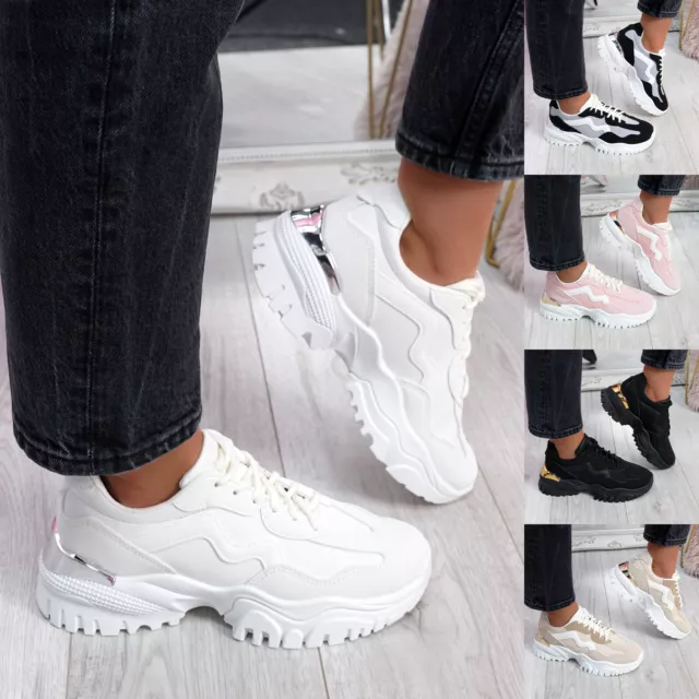 Womens Chunky Trainers Ladies Lace Up Heel Sport Sneakers Fashion Women Shoes