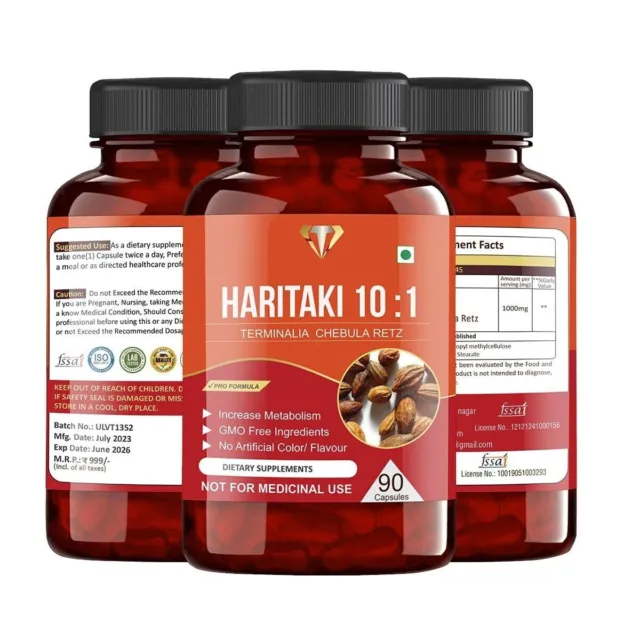 Organic Haritaki Terminalia Chebula Powder Harad 1500mg Capsules - 90 Count-OC