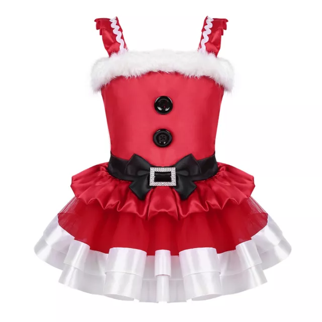 Girls Red Mesh Tutu Dress Christmas Santa Claus Skirt Costume Faux Fur Dancewear