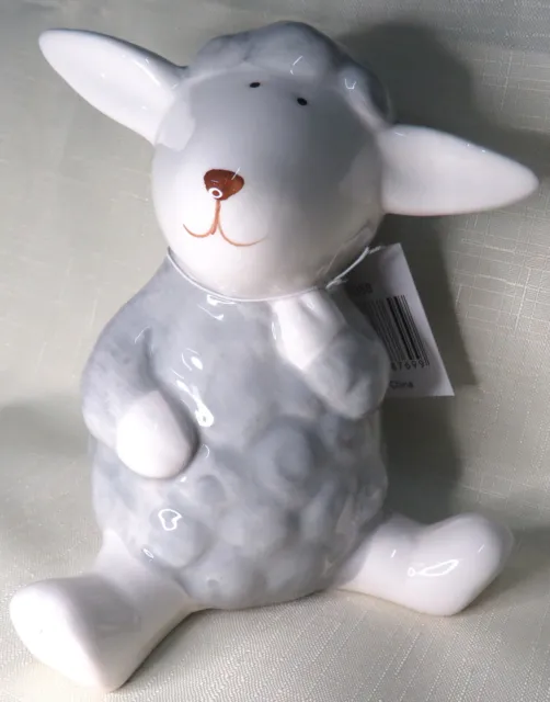 Sheep Ceramic Ornament White and Grey Sitting Figurine 12.5 cm Tall