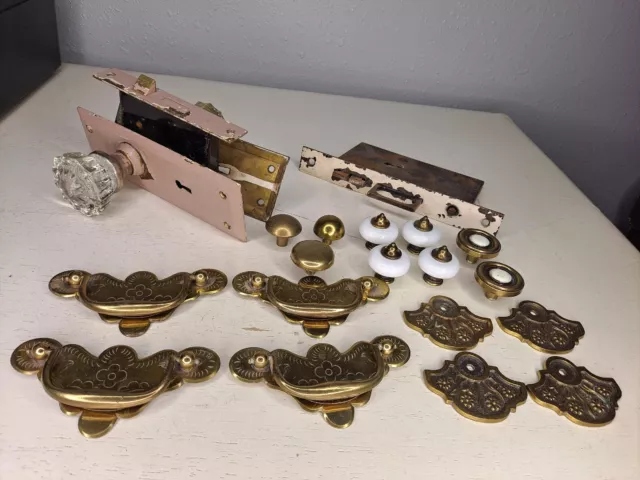 Brass Drawer Pulls Cabinet Knobs Glass Doorknob Vintage Hardware Lot