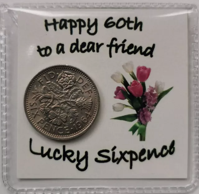 60th Friend Birthday Lucky Sixpence Gift*Flower Design*1964 coin for year 2024*