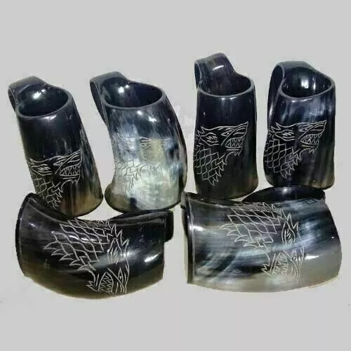 Lot of 6 Carved Wolf Tankard For Beer Wine Viking Drinking Horn Mug