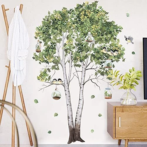 Birch Tree Fresh Plant Flying Birds Wall Sticker, AUHOKY Nordic Large Tree Ba...