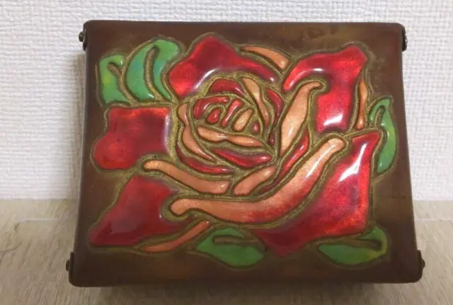 Japanese vintage ANDO Cloisonne ware copper box Rose accessory case w4.2"