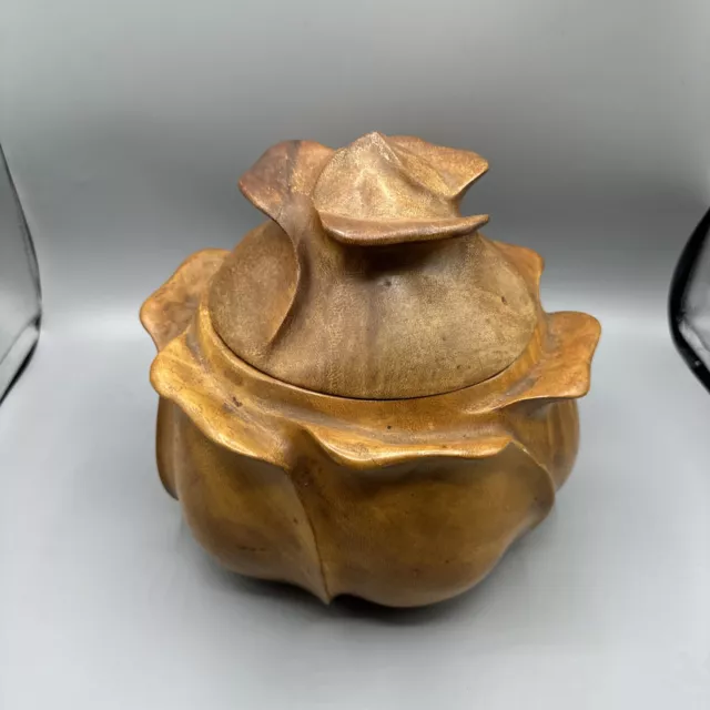 Vintage Philippines Hand Carved Wooden "Rose" Turned Bowl w/Lid 9.5" Centerpiece