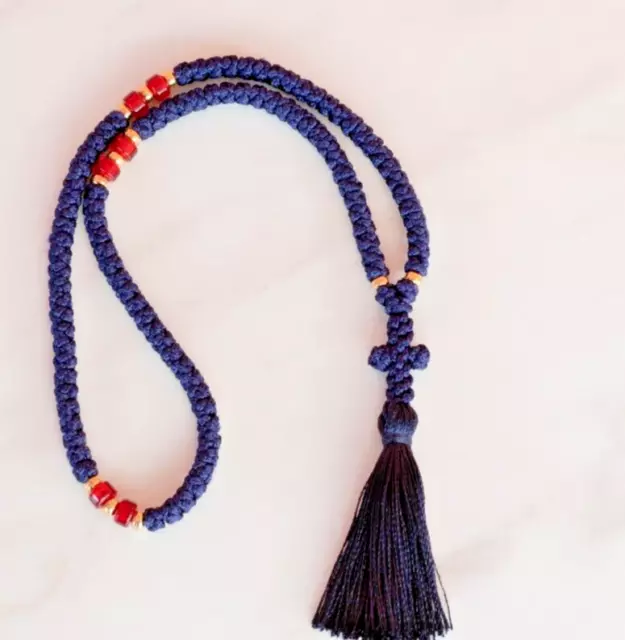 33 knots Blue Orthodox Prayer rope Plain chotki with Cross bead Christmas  Gift