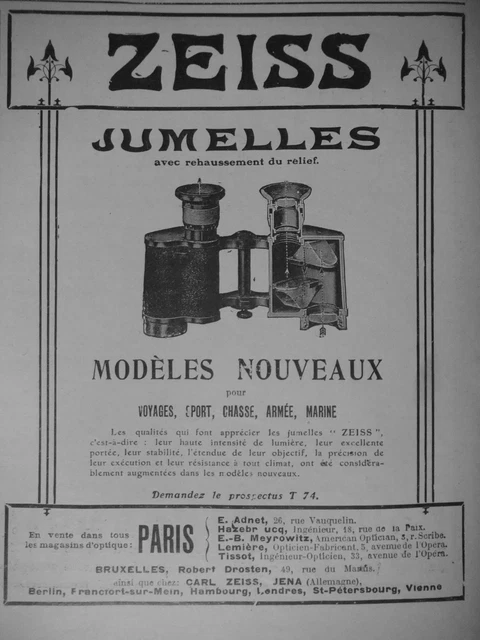 Publicité De Presse 1908 Jumelles Zeiss Avec Rehaussement Relief - Advertising