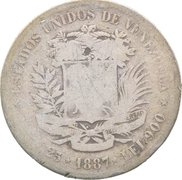 SILVER - WORLD COIN - 1887 Venezuela 5 Bolivares - World Silver Coin *857