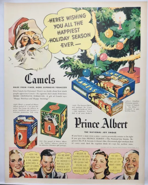 1937 Camel Cigarettes Prince Albert Tobacco Santa Claus Print Ad Man Cave Art