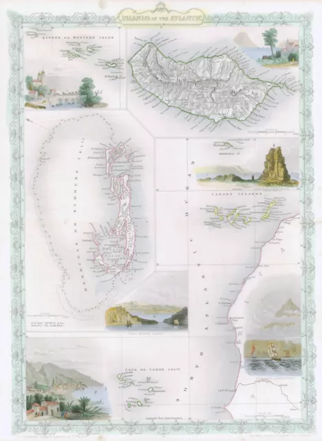 1850 Antique Map ISLANDS IN THE ATLANTIC Canary MADEIRA AZORES Tallis (TM4-23)