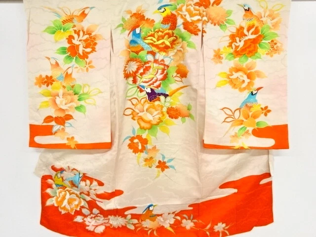 46905# Japanese Kimono / Antique Kimono For Girls / Embroidery / Flower With Bir