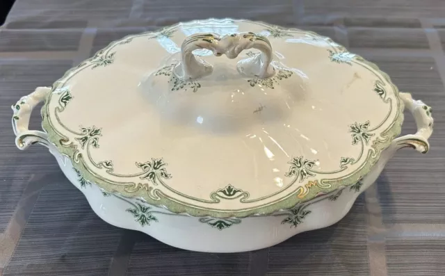 WH Grindley Derwent Porcelain Green Gold Covered Vegetable Tureen & Lid