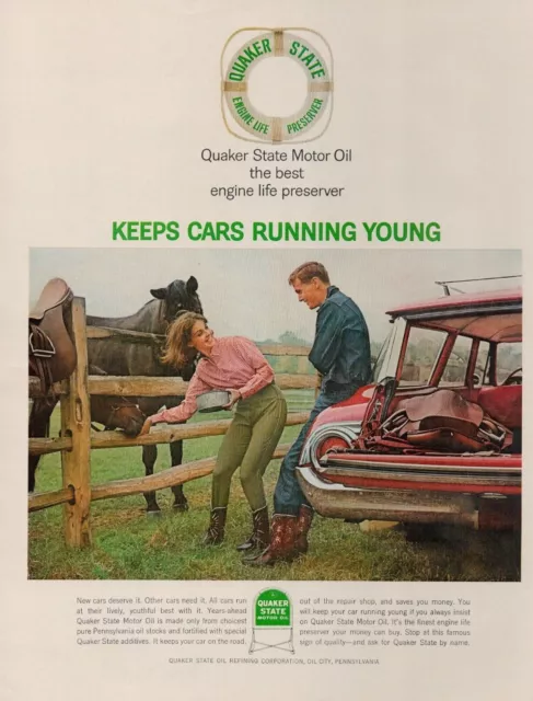 Quaker State Motor Oil Preserver Horses Ford Station Wagon 1964 Vintage Print Ad