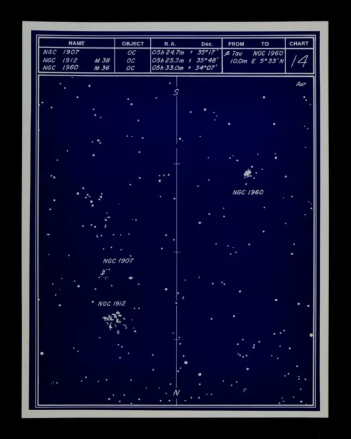 Astronomy Deep Sky Star Chart no 14 Constellation Auriga Open Clusters Sarna Map