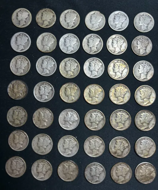 1917-1945 Mercury Silver Dime Collection, 42 Coin Lot, No Duplicates