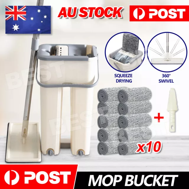 Mop Bucket Wet Dry Rinse Wash 360 Rotating Squeeze Flat Floor Cleaner with Pads