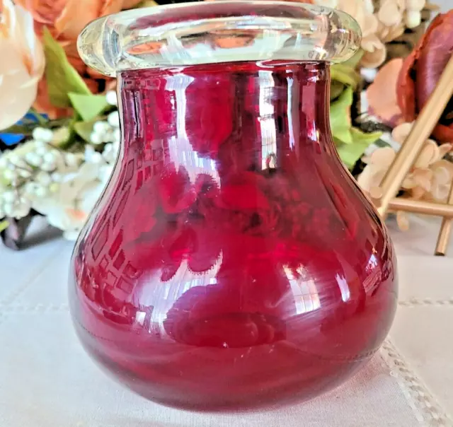 Ruby Red Vase Thick Clear Rim, Hand Blown Studio Art Glass, MCM
