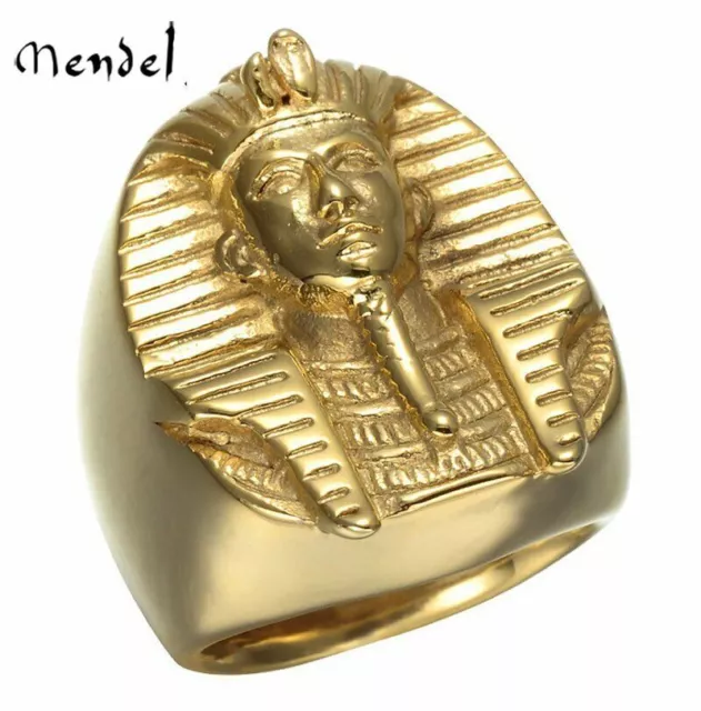 MENDEL Gold Plated Mens Egyptian Pharaoh Pyramid Ring Stainless Steel Size 8-15