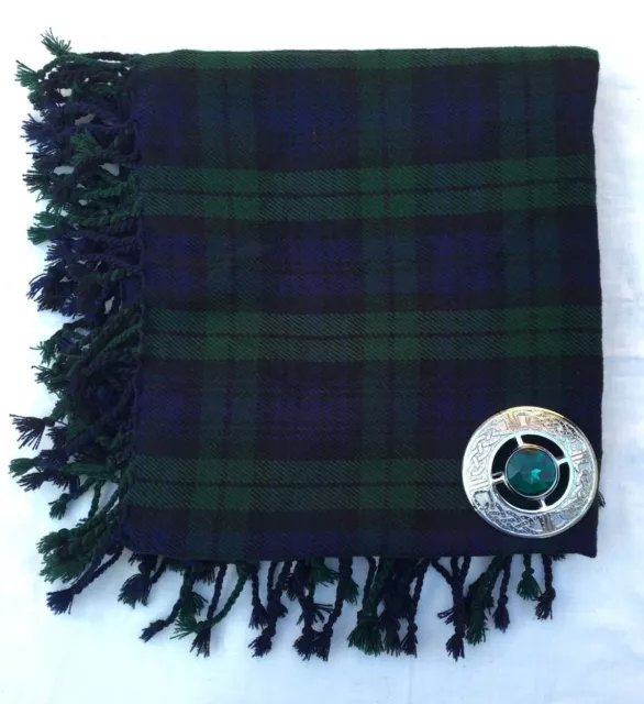 Scottish Ladies Kilt Fly Plaid Black Watch Tartan Shawl Green Stone Pin Brooch