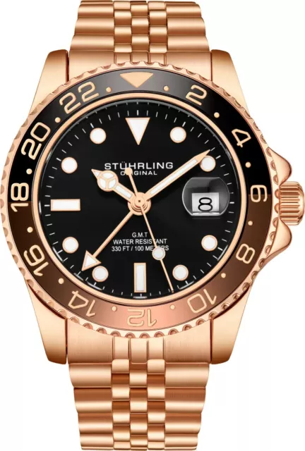 Stuhrling Aqua-Diver 3968 Suisse Quartz Homme Rose Bracelet Cadran Noir