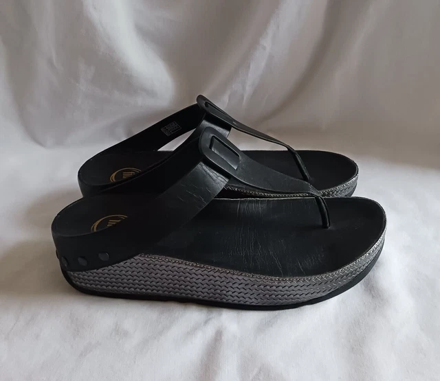 FitFlop Ibiza Black Platform Wedge T-Strap Thong Sandal Size 8