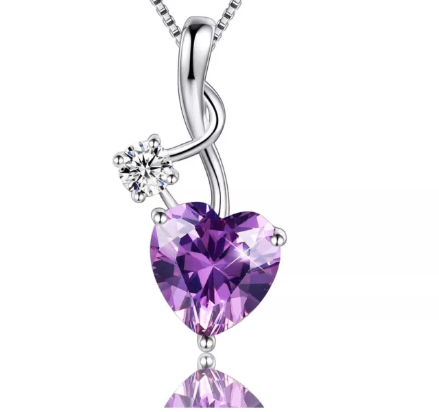 925 Sterling Silver Music Note Purple Crystal CZ Love Heart Pendant Necklace G10