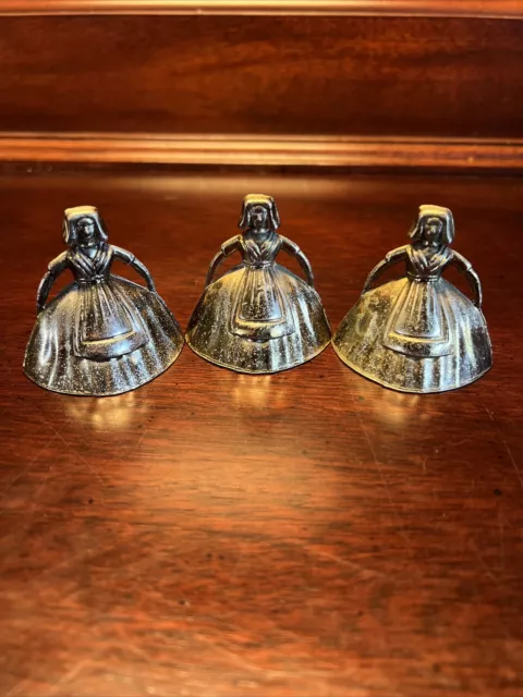 THREE Brass Vintage Lady  Bells (one with missing clapper)