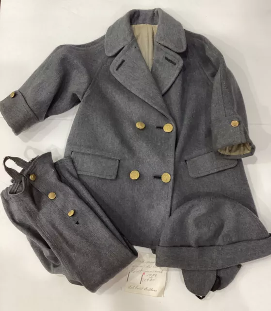 Vintage 1930s Toddler  Winter Gray Military Wool Suit Jacket Snow Pants & Hat