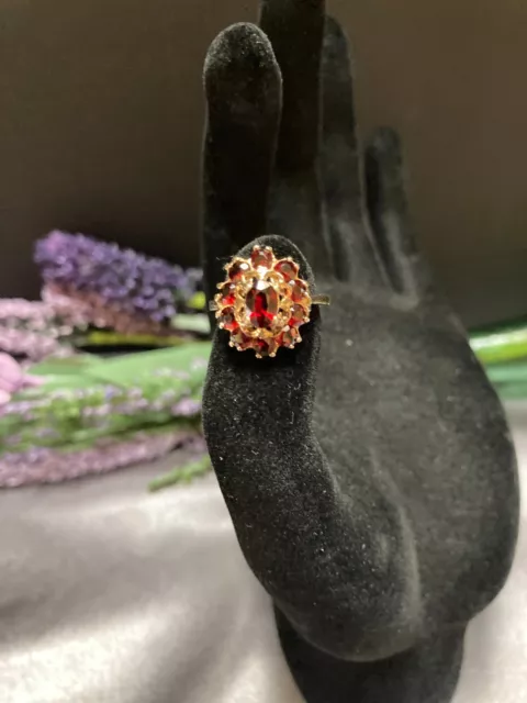 Vintage Red Garnet Cluster Gold Vermeil Sterling Silver Ring