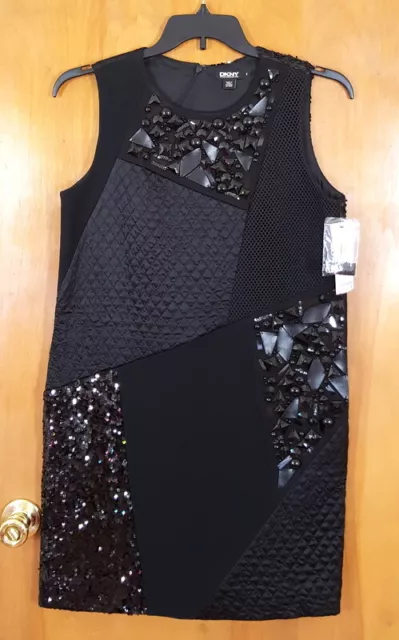 DKNY Womens Dress Small Black Sheath Quilted Textured Beaded Sleeveless $408