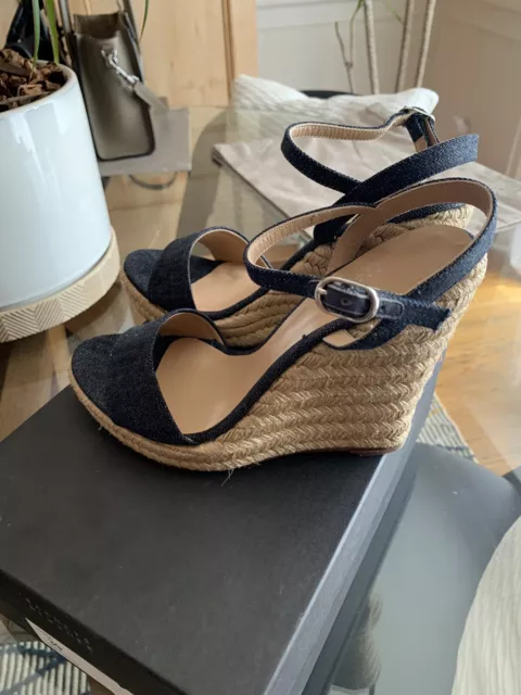 Barneys New York Fania Dark Denim Raffia Wedge Open Toe Sandal Sz 39 2