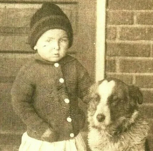 c1900 Antique RPPC Child Dog Pet Winter Jacket Cap Victorian Brick House 5345