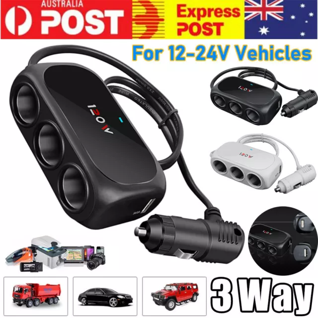 3 Way Multi Car Cigarette Lighter Socket Splitter Dual USB Charger/Power Adapter