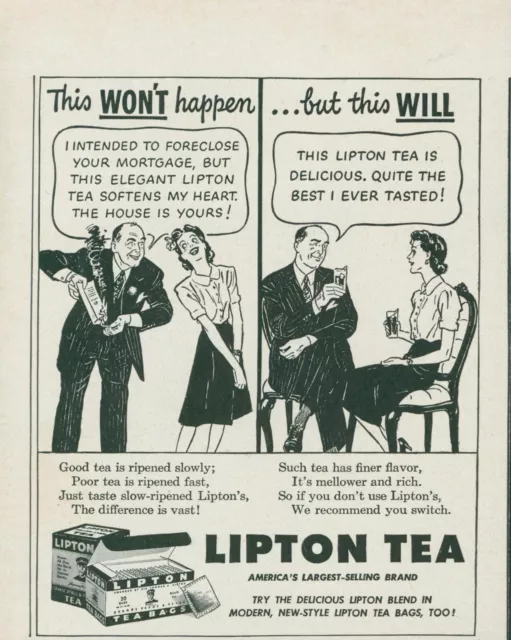 1942 Lipton Tea Banker Woman Mortgage Chat Chairs Cartoon Vintage Print Ad L24