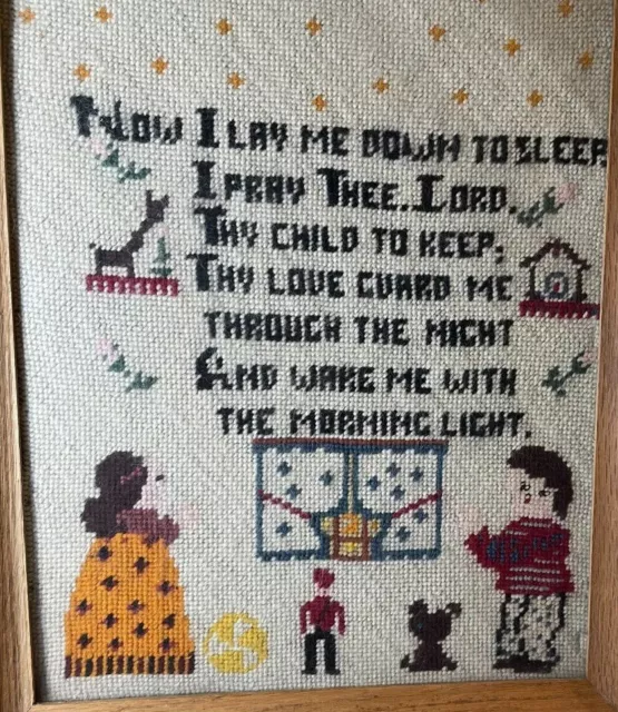 Needlepoint Embroidery Sampler Now I Lay Me Down To Sleep Prayer Framed Vintage