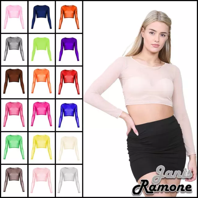 Womens Mesh Crop Top Long Sleeve Insert See Through Sheer Blouse T-Shirt Tee Top