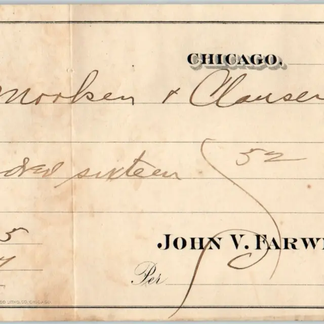 1890s Chicago John V. Farwell Store Receipt Check Letterhead Invoice Sherwood R1