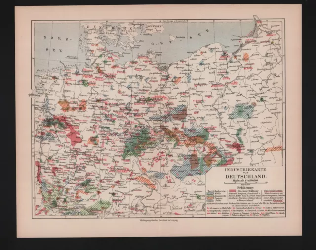 Landkarte map 1908: Industrie-Karte von Deutschland. Eisenverhüttung Baumwolle