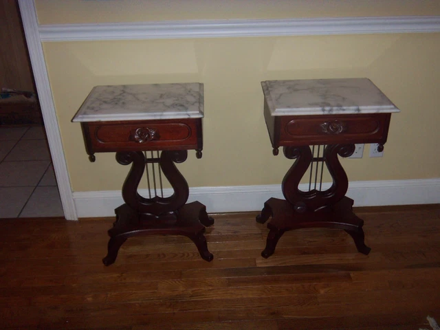 Pair of antique Marble Top Mahogany Lyre end tables