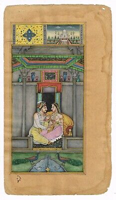 Indien Peinture Miniature De Moghol Empereur Et Impératrice En Love Scène Art On