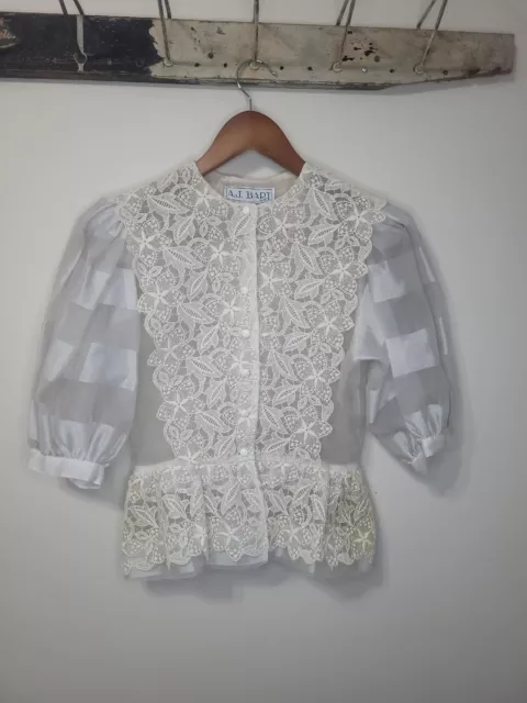 VINTAGE VICTORIAN WOMENS Button Up Blouse Shirt 8 Ivory Embroidered ...