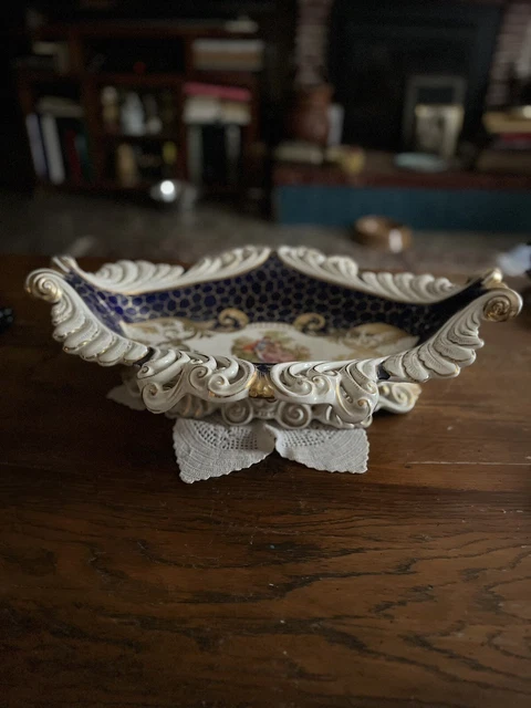 Grande Centrotavola Porcellana Cobalto E Oro Con Miniatura