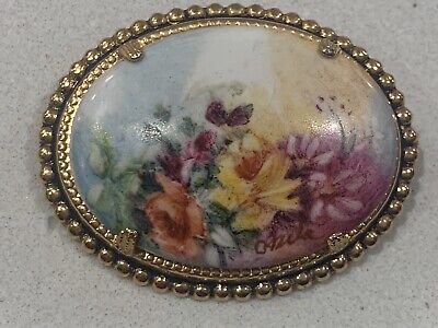 Vintage Russian Finift Hand Painted Floral Enamel Oval Brooch Pin