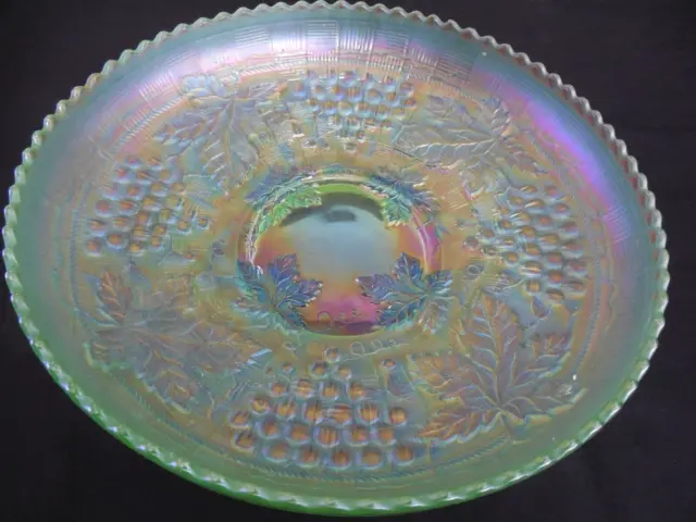 Northwood Ice Green Grape and Cable Large ICS 10 1/2" Carnival Glass Bowl