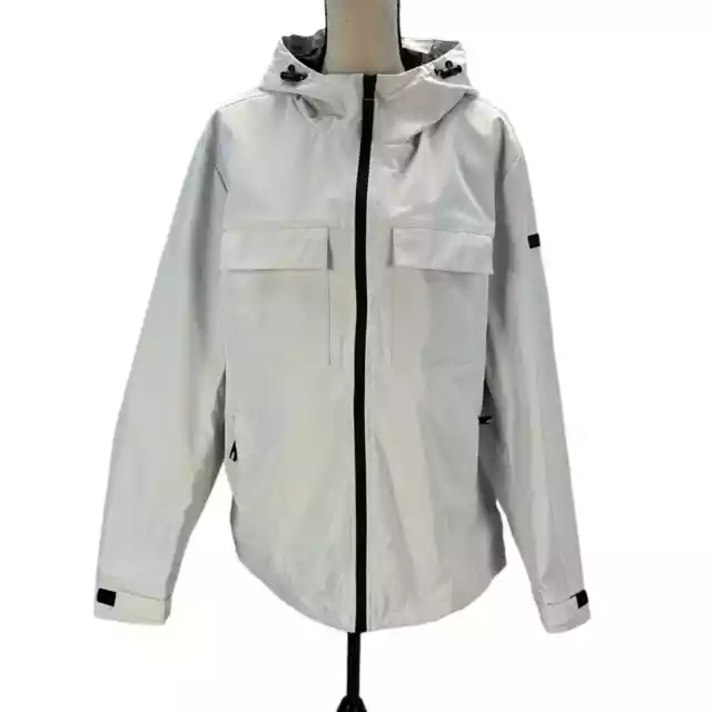 DKNY Long Sleeve Hooded Windbreaker Cargo Jacket Coat - Beige / Ivory - Large