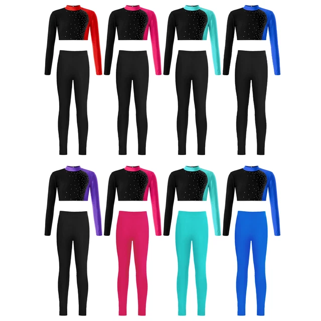 Top crop top ginnastica a maniche lunghe bambine con pantaloni tuta abbigliamento da ballo