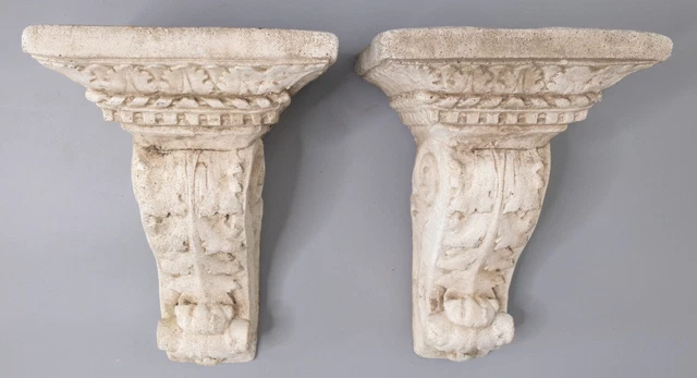 Pair French Neoclassical Style Cast Stone Garden Wall Brackets Shelves Corbels